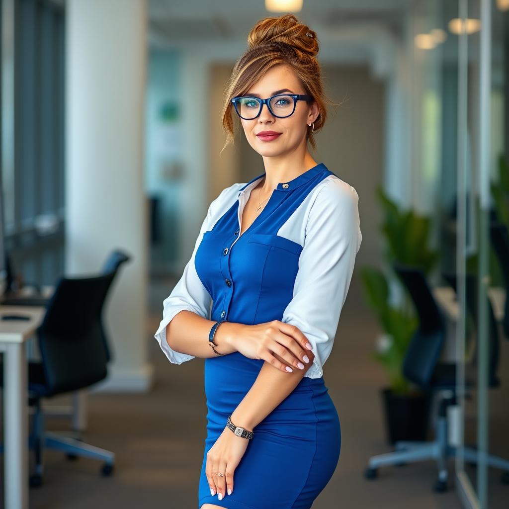 A full-body portrait of a 28-year-old Australian woman standing confidently in an office environment