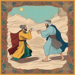 A detailed digital art representation of the tragic duel between Rostam and Sohrab from the Persian epic, Shahnameh