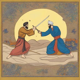 A detailed digital art representation of the tragic duel between Rostam and Sohrab from the Persian epic, Shahnameh