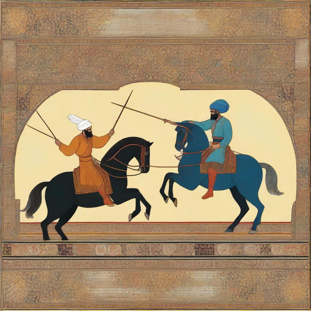 A detailed digital art representation of the tragic duel between Rostam and Sohrab from the Persian epic, Shahnameh