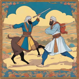 A detailed digital art representation of the tragic duel between Rostam and Sohrab from the Persian epic, Shahnameh