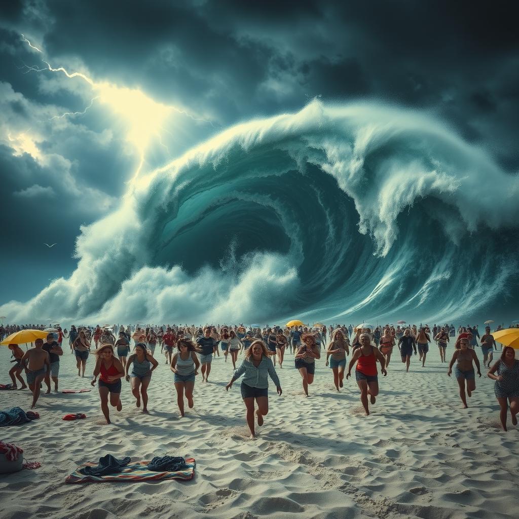 A giant wave or tsunami crashing onto a beach filled with terrified people running in panic to save their lives