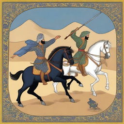 A high-quality digital rendering of the tragic tale of Rostam and Sohrab from Persian literature, depicted in the style of traditional Persian miniature paintings