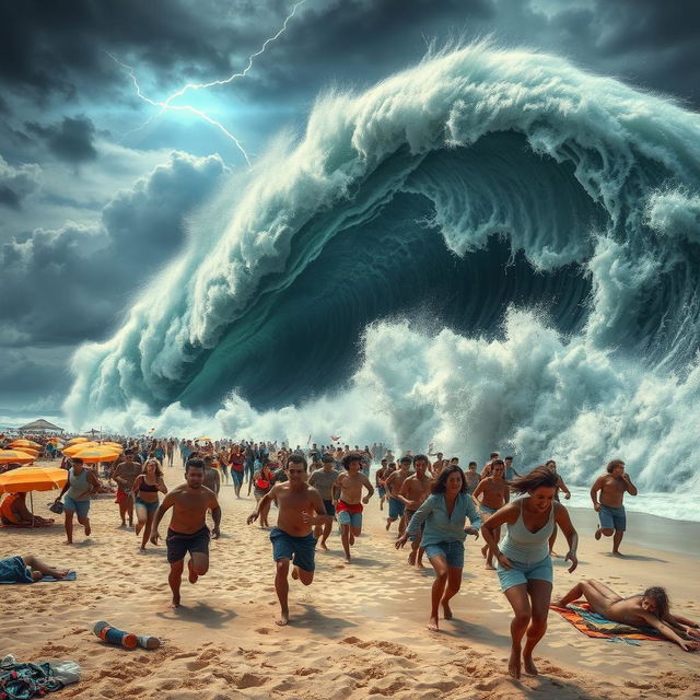 A giant wave or tsunami crashing onto a beach filled with terrified people running in panic to save their lives