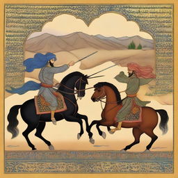 A high-quality digital rendering of the tragic tale of Rostam and Sohrab from Persian literature, depicted in the style of traditional Persian miniature paintings