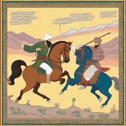 A high-quality digital rendering of the tragic tale of Rostam and Sohrab from Persian literature, depicted in the style of traditional Persian miniature paintings