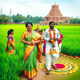 A vibrant and colorful representation of South Indian culture, featuring traditional attire such as a beautiful silk saree adorned with intricate gold embroidery, and a man in a white dhoti with a matching kurta