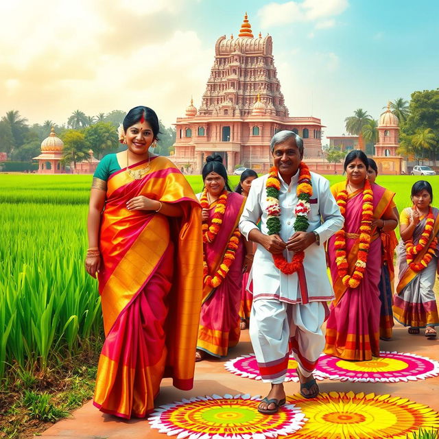 A vibrant and colorful representation of South Indian culture, featuring traditional attire such as a beautiful silk saree adorned with intricate gold embroidery, and a man in a white dhoti with a matching kurta