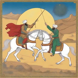 A high-quality digital rendering of the tragic tale of Rostam and Sohrab from Persian literature, depicted in the style of traditional Persian miniature paintings