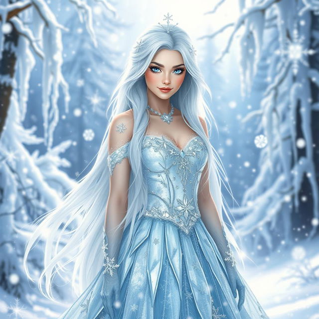 A beautiful ice princess standing majestically in a shimmering winter landscape