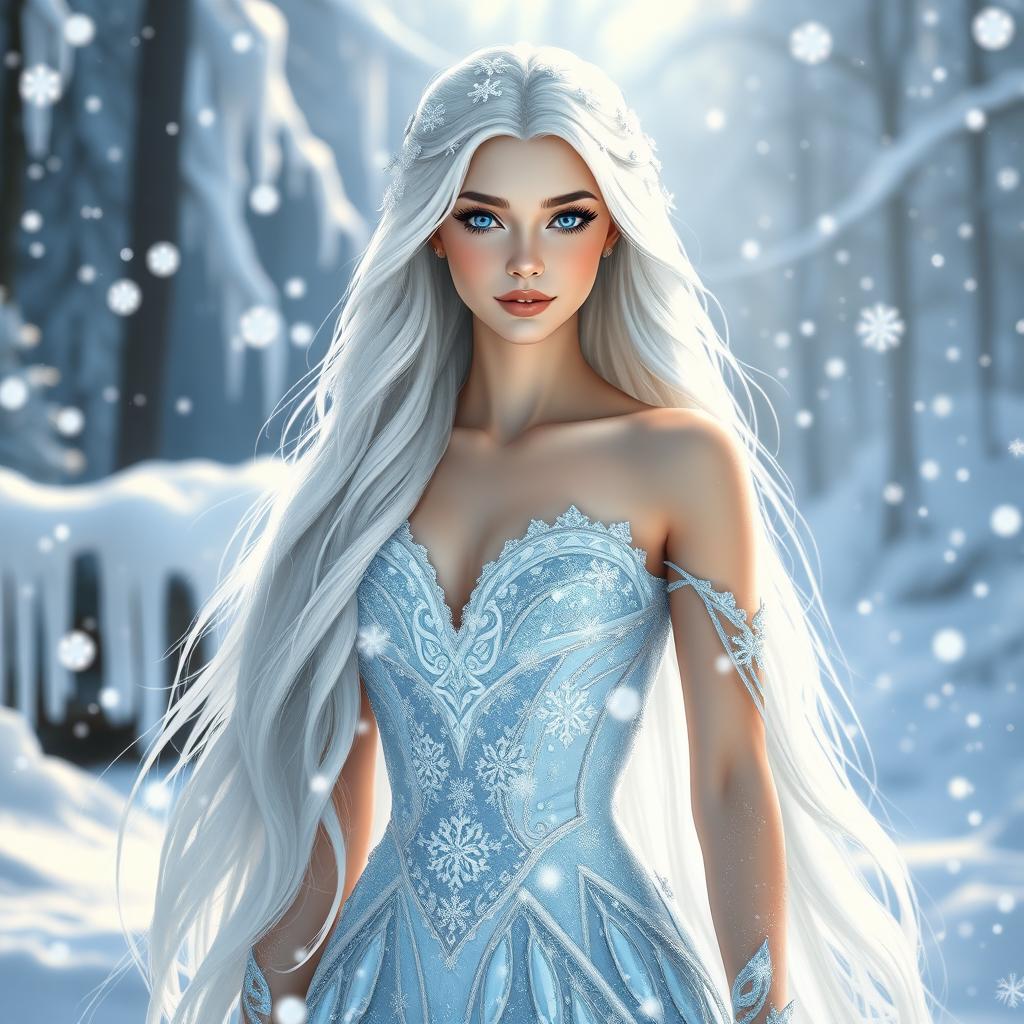 A beautiful ice princess standing majestically in a shimmering winter landscape