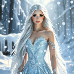 A beautiful ice princess standing majestically in a shimmering winter landscape