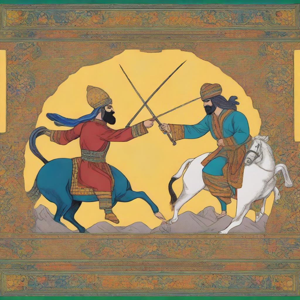 A high-quality digital art image depicting the tragic duel between Rostam and Sohrab from the Persian epic Shahnameh