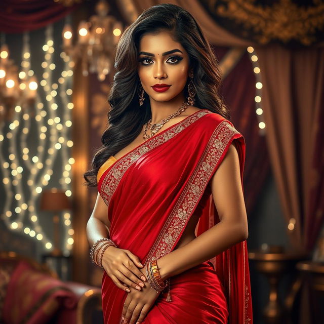 A stunning and elegant portrayal of a sexy Indian woman, wearing a beautifully designed, form-fitting traditional saree that showcases her curves