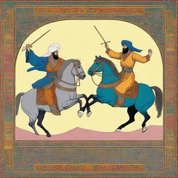 A high-quality digital art image depicting the tragic duel between Rostam and Sohrab from the Persian epic Shahnameh