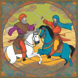 A high-quality digital art image depicting the tragic duel between Rostam and Sohrab from the Persian epic Shahnameh