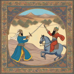 A high-quality digital art image depicting the tragic duel between Rostam and Sohrab from the Persian epic Shahnameh