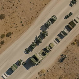 aerial view of 2 armored vehicles on a one-lane freeway followed by 10 combatants in military fatigue, armed with assault rifles, missile launcher and radio