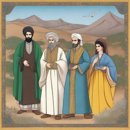 A high-quality digital art image depicting characters from the Persian epic poetry, Shaname