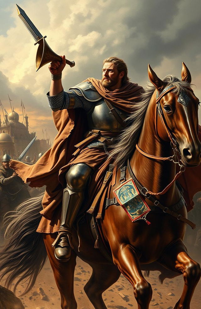 A dramatic scene depicting Roland, a valiant knight from the epic poem 'The Song of Roland', riding a majestic horse