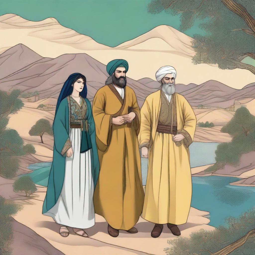 A high-quality digital art image depicting characters from the Persian epic poetry, Shaname