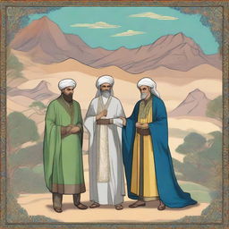 A high-quality digital art image depicting characters from the Persian epic poetry, Shaname