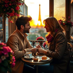 A romantic scene set in a cozy Parisian café during sunset, with two lovers sharing intimate secrets over a small table