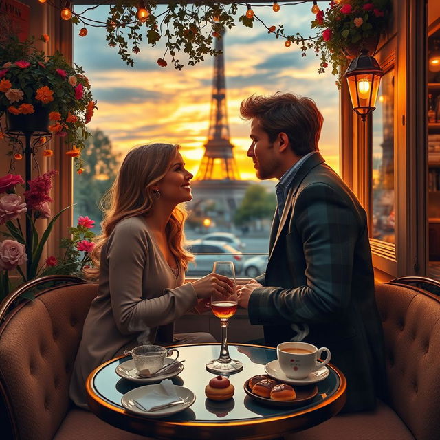 A romantic scene set in a cozy Parisian café during sunset, with two lovers sharing intimate secrets over a small table