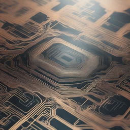 A high-resolution digital art image featuring a complex circuit pattern spreading across half of the frame, penetrating through a smooth plane