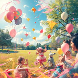 A surreal and abstract representation symbolizing childhood innocence and wonder, blending colorful elements that evoke joy and playfulness, such as balloons, kites, and playful animals, set in a vibrant park during a sunny day