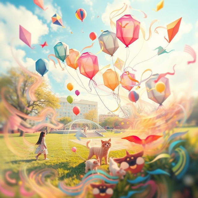 A surreal and abstract representation symbolizing childhood innocence and wonder, blending colorful elements that evoke joy and playfulness, such as balloons, kites, and playful animals, set in a vibrant park during a sunny day