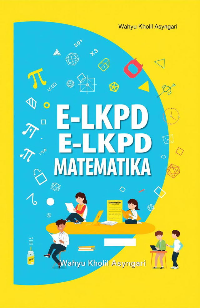 An engaging and colorful cover for an educational book titled 'E-LKPD MATEMATIKA' by Wahyu Kholil Asyngari