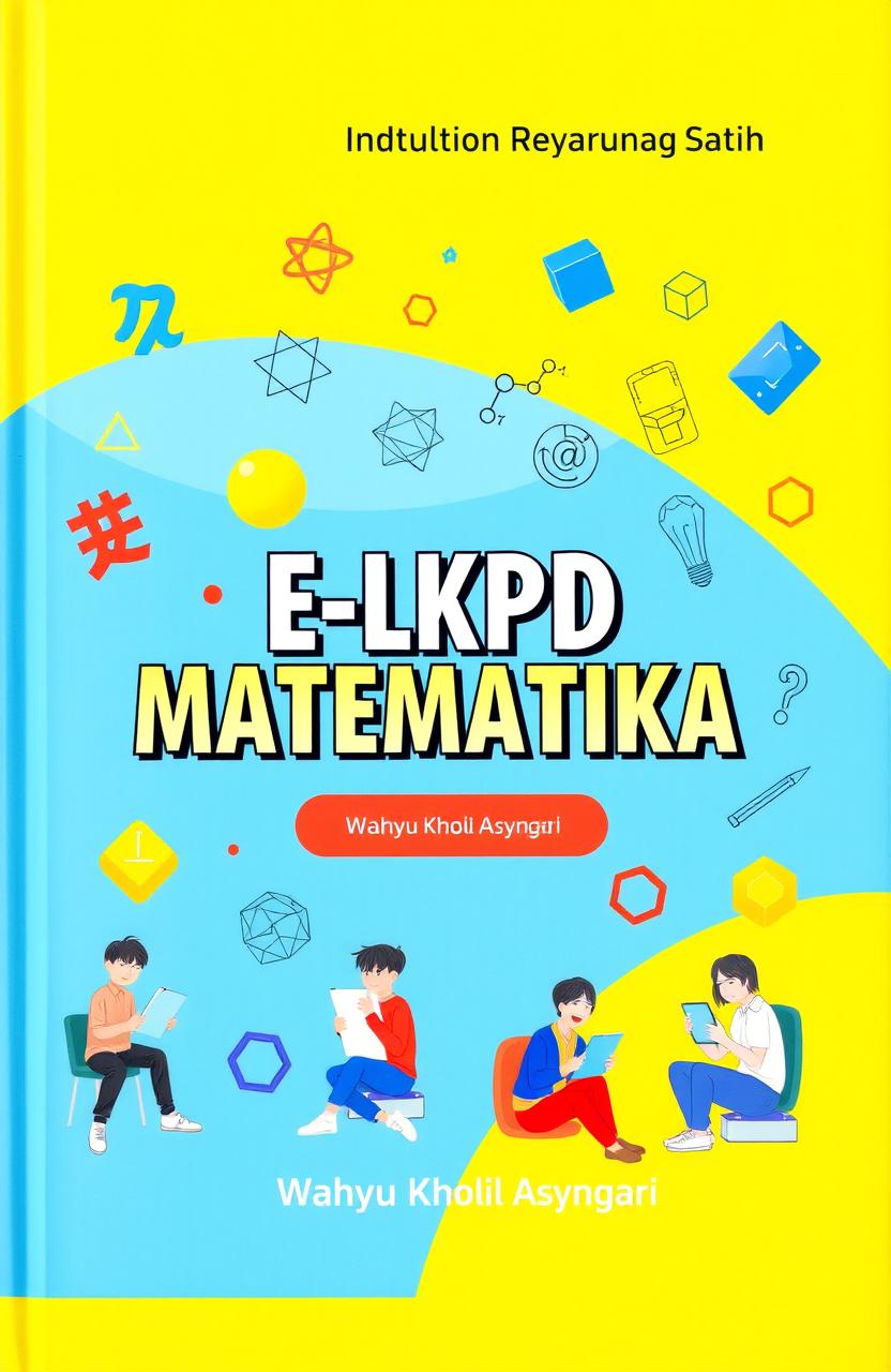 An engaging and colorful cover for an educational book titled 'E-LKPD MATEMATIKA' by Wahyu Kholil Asyngari