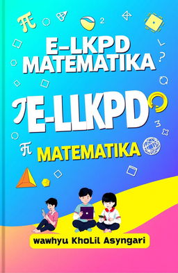 An engaging and colorful cover for an educational book titled 'E-LKPD MATEMATIKA' by Wahyu Kholil Asyngari
