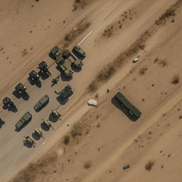 aerial view of 2 armored vehicles on a one-lane freeway followed by 10 combatants in military fatigue, armed with assault rifles, missile launcher and radio