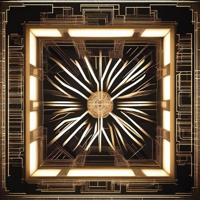 A high-resolution digital art image showing a top-down view of a flat lamp adorned with a unique, glowing sci-fi pattern