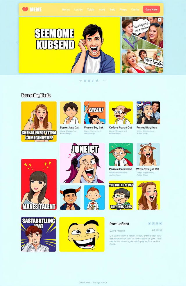 A vibrant and engaging meme page layout, featuring a variety of humorous memes, colorful backgrounds, and eye-catching visuals