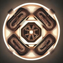 A high-resolution digital art image showing a top-down view of a flat lamp adorned with a unique, glowing sci-fi pattern