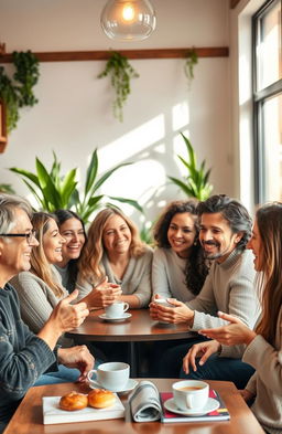 A diverse group of people of various ages and ethnicities engaged in a lively conversation in a cozy café