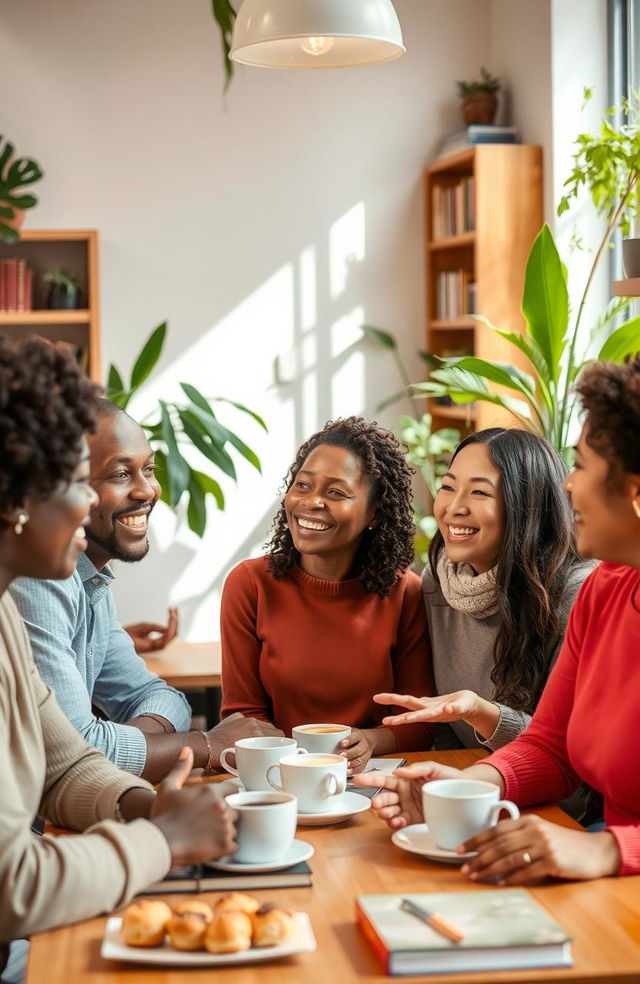 A diverse group of people of various ages and ethnicities engaged in a lively conversation in a cozy café