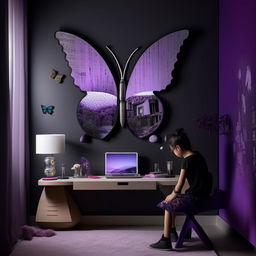 Design a modern room for an 18-year-old tomboy with black, purple, grey, and white colors. Incorporate subtle elements of Sanatan Dharma, a butterfly-shaped mirror wall decor, a moon lamp, and symbolic attributes of a computer engineering girl, keeping the overall look simple and uncluttered.