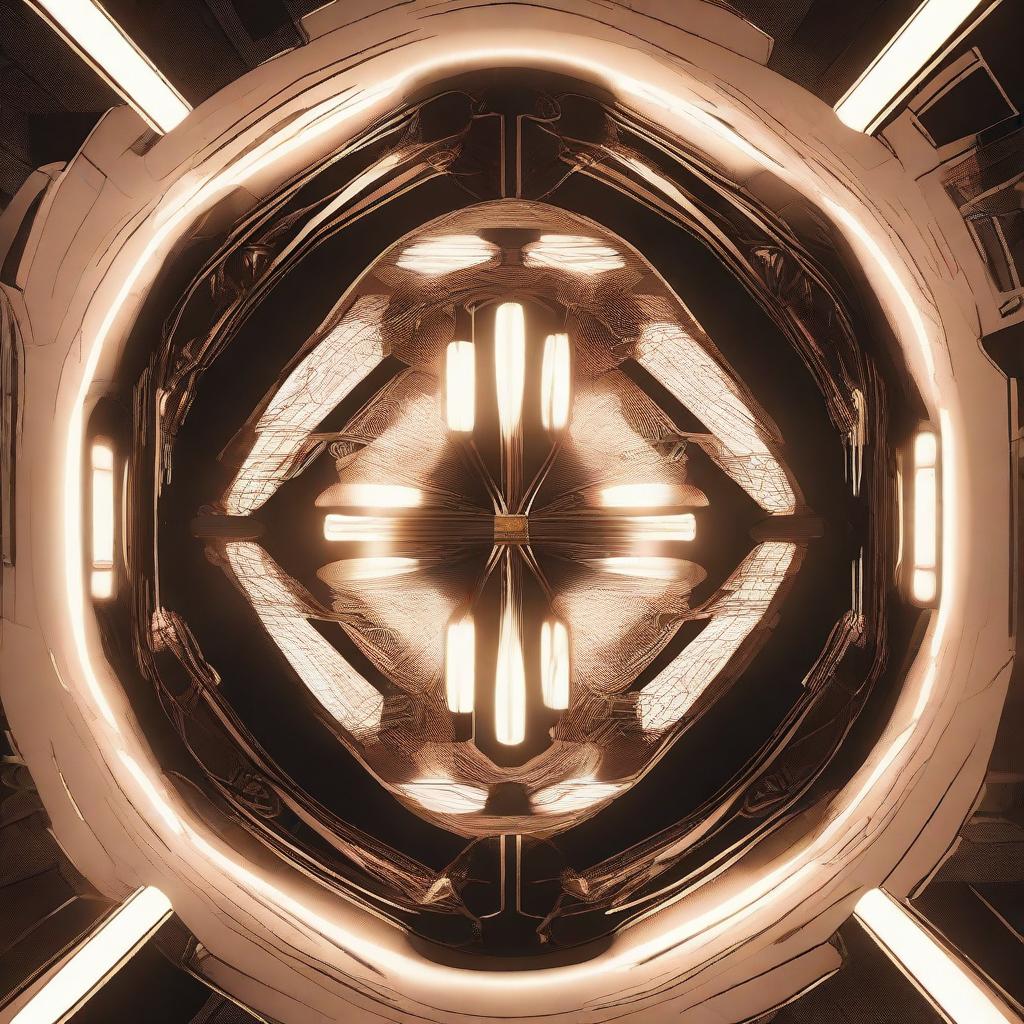 A high-resolution digital art image showing a top-down view of a futuristic lamp adorned with a unique, line-shaped, glowing sci-fi pattern