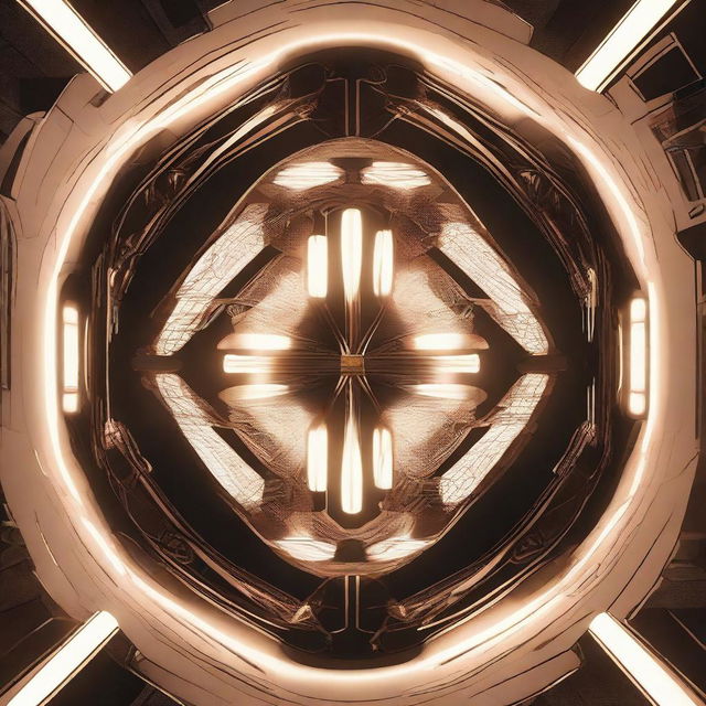 A high-resolution digital art image showing a top-down view of a futuristic lamp adorned with a unique, line-shaped, glowing sci-fi pattern