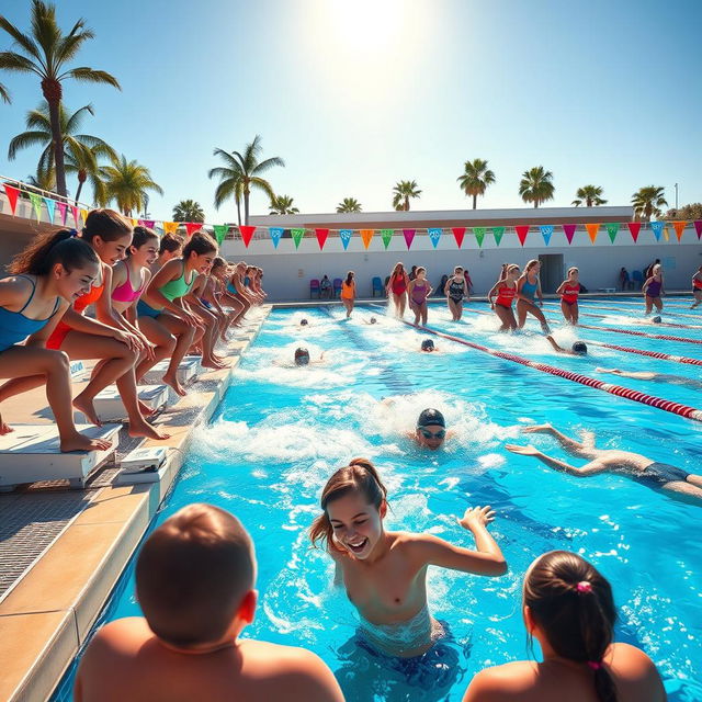 A vibrant and dynamic scene at a girls' school swim team practice, featuring a diverse group of teenage girls wearing colorful swimwear, jumping off starting blocks into a sparkling blue pool