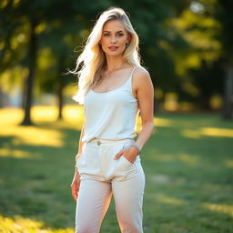 A full-length portrait of a 35-year-old woman with light blonde hair and classic European features