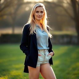 A full-length portrait of a 35-year-old woman with light blonde hair and classic European features