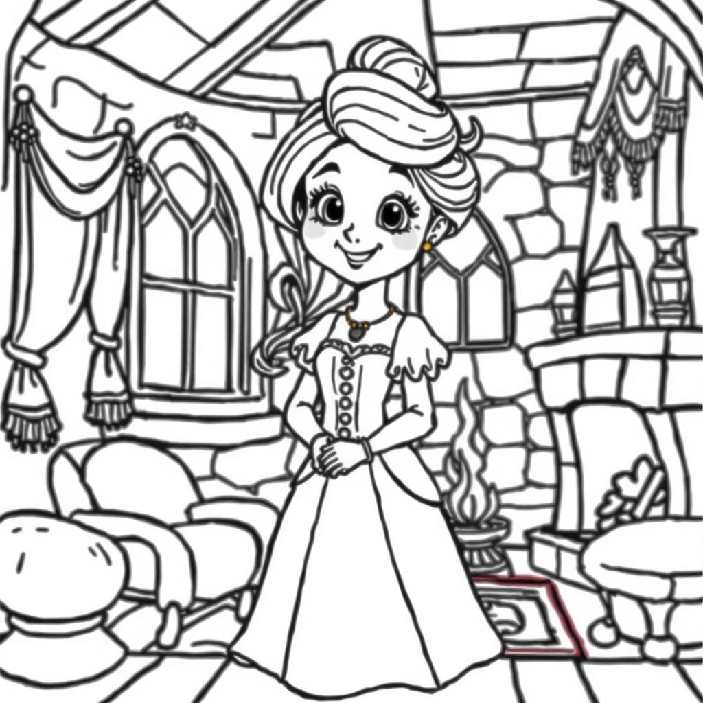 A cute-style illustration of a medieval damsel, designed for a children's coloring book