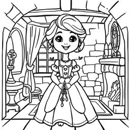 A cute-style illustration of a medieval damsel, designed for a children's coloring book