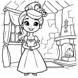 A cute-style illustration of a medieval damsel, designed for a children's coloring book