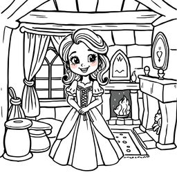 A cute-style illustration of a medieval damsel, designed for a children's coloring book